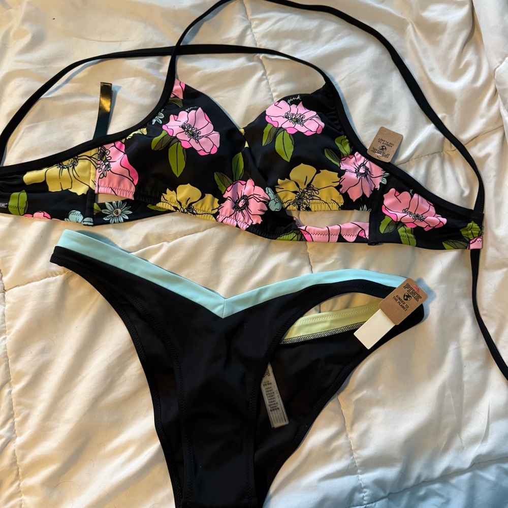 Floral Bikini Set with Black and Pastel Accents